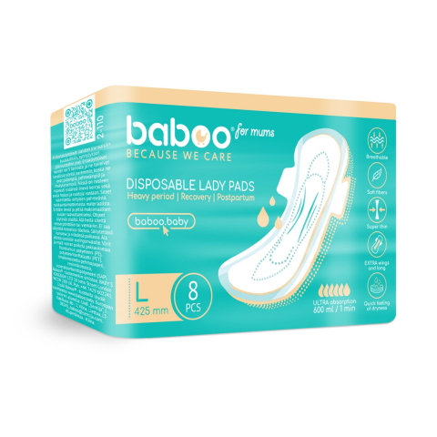 Diversificare si Ingrijire Bebe - Absorbante postnatale de unica folosinta baboo-8 bucati, marime l 425 mm
