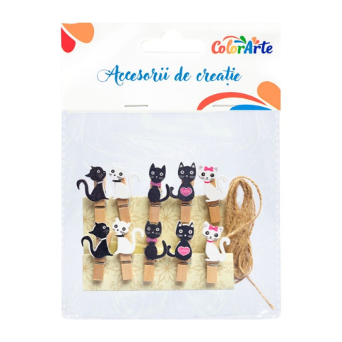 Pescuit si vanatoare - Accesorii creatie - lemn - carlig colorat pisici, 95x104mm, set 10 buc, Colorarte MTCR-WDC710