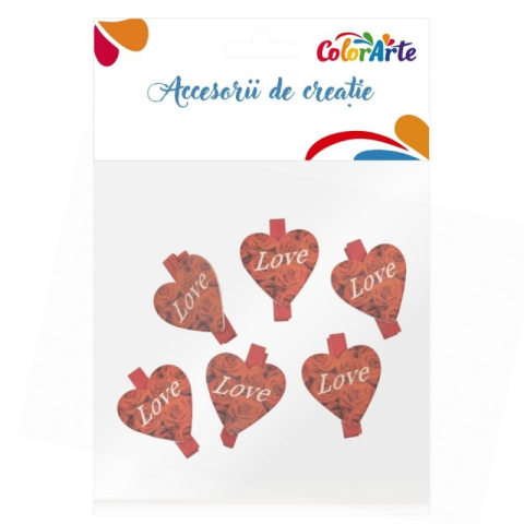Art & Craft si Artizanat - Accesorii creatie - lemn - inimioare LOVE, colorat, 4.5cm, set 6 buc, Colorarte