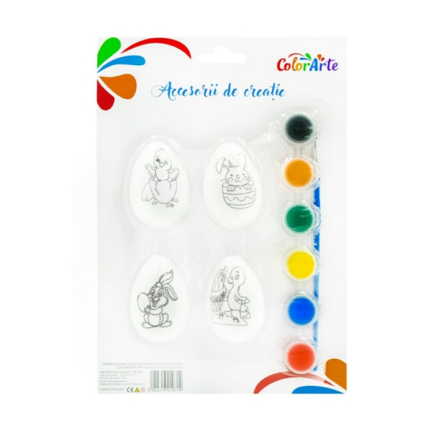Art & Craft si Artizanat - Accesorii creatie - polistiren - ou, alb, pentru pictat / colorat, 5 cm, set 4 buc + pensula + 6 culori, Colorarte, MY11