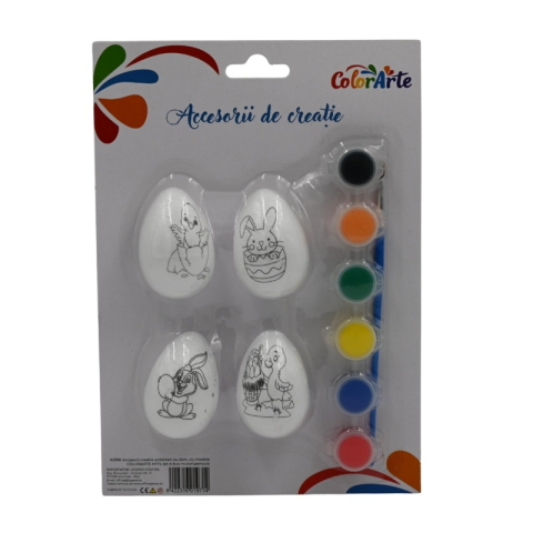 Accesorii creatie - polistiren - ou, alb, pentru pictat / colorat, 5 cm, set 4 buc + pensula + 6 culori, Colorarte, MY11 [1]