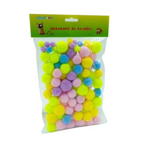 Art & Craft si Artizanat - Accesorii creatie - Pom Pom textil, mix fluorescent/pastel, 10-30mm, set 95 buc, CNX