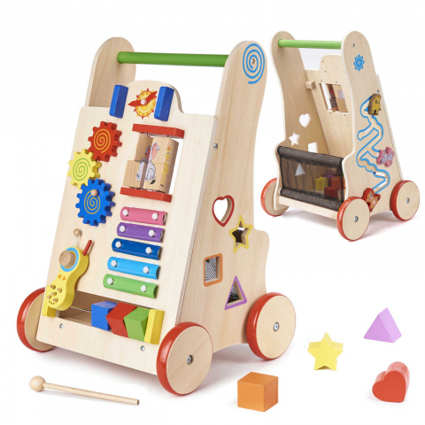 Jucării bebeluși - Antepremergator din Lemn pentru Bebe cu 6 Activitati Montessori