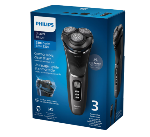 Aparat de ras philips shaver seria 3000 s3343/13, barbierit umed åÿi uscat, fara fir, capete 5d pivotante si flexibile, lame autoascutire, 60 min, sistem de barbierire anticoroziune, capac de protecti [2]