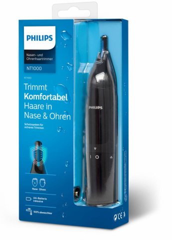 Aparat de tuns pentru nas è™i urechi philips nt1650/16, 100% waterproof, sistem de protectie dual, inchidere prin rotatie, baterie tip aa inclusa,, l x a x i (mm) 39x83x190 [2]