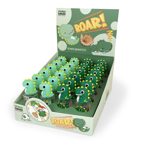 Rechizite Școlare - Ascutitoare de creion cu o gaura si container cu model si figurina Dinozaur, 2 culori (24 buc/display), copii varsta 3 ani+,6 ani+,8 ani+