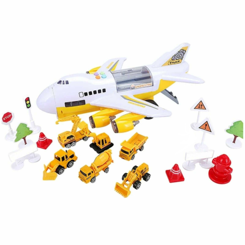 Jucării și Jocuri pentru copii - Avion transport copii cu 6 vehicule de constructii, rampa frontala si LED-uri
