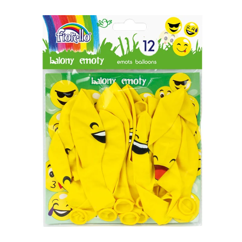 Cadouri Jucării Copii Grădiniță - Baloane aniversare Fiorello, 30.5cm, emoticoane diverse modele, galben, 170-2328, set 12 buc