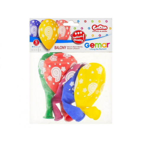 Baloane aniversare GoDan Party cifra 9, diverse culori, 444325, set 5 buc [1]