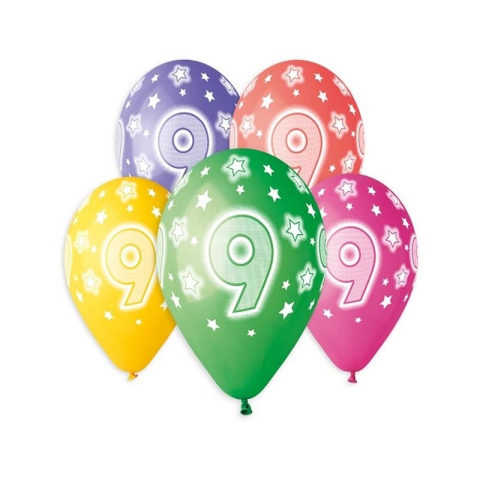 Cadouri Jucării Copii Grădiniță - Baloane aniversare GoDan Party cifra 9, diverse culori, 444325, set 5 buc