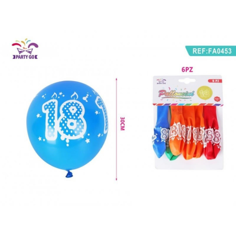 Baloane - Baloane aniversare PartyGo 18 ani, 30cm, imprimate, diverse culori, FA0453, set 6 buc