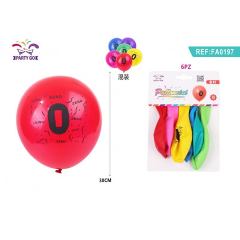 Baloane - Baloane aniversare PartyGo cifra 0, 30cm, imprimate, diverse culori, FA0197, set 6 buc