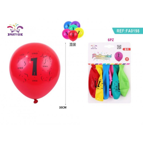 Baloane - Baloane aniversare PartyGo cifra 1, 30cm, imprimate, diverse culori, FA0198, set 6 buc