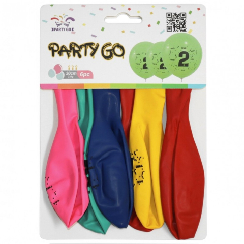 Baloane - Baloane aniversare PartyGo cifra 2, 30cm, imprimate, diverse culori, FA0199, set 6 buc