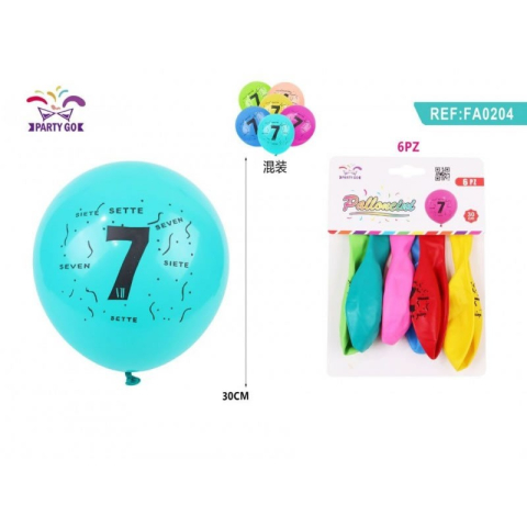Baloane - Baloane aniversare PartyGo cifra 7, 30cm, imprimate, diverse culori, FA0204, set 6 buc