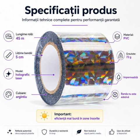 Banda antipasari, reflectorizanta, pentru alungat porumbei, grauri, ciori, rola 45 m, model holografic, Argintiu [7]