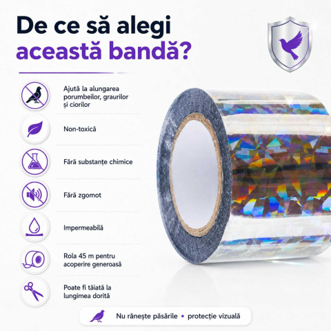 Banda antipasari, reflectorizanta, pentru alungat porumbei, grauri, ciori, rola 45 m, model holografic, Argintiu [6]