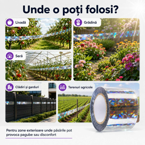 Banda antipasari, reflectorizanta, pentru alungat porumbei, grauri, ciori, rola 45 m, model holografic, Argintiu [3]