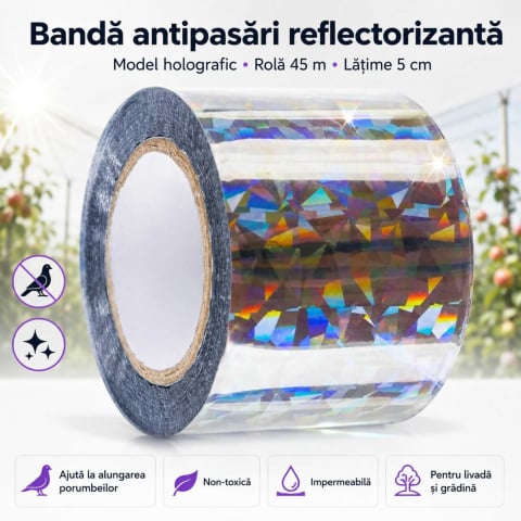 Banda antipasari, reflectorizanta, pentru alungat porumbei, grauri, ciori, rola 45 m, model holografic, Argintiu [0]