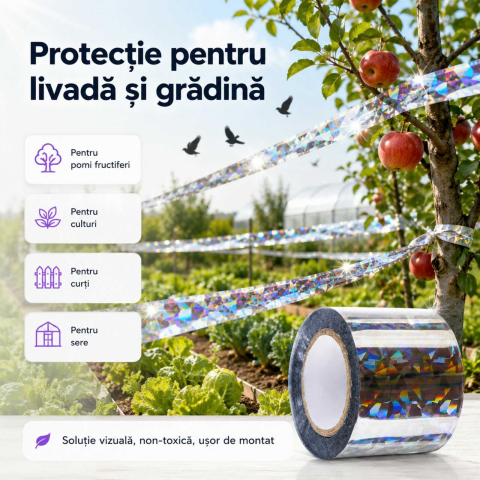 Banda antipasari, reflectorizanta, pentru alungat porumbei, grauri, ciori, rola 45 m, model holografic, Argintiu [1]