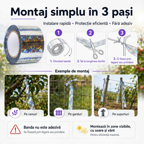 Banda antipasari, reflectorizanta, pentru alungat porumbei, grauri, ciori, rola 45 m, model holografic, Argintiu [2]