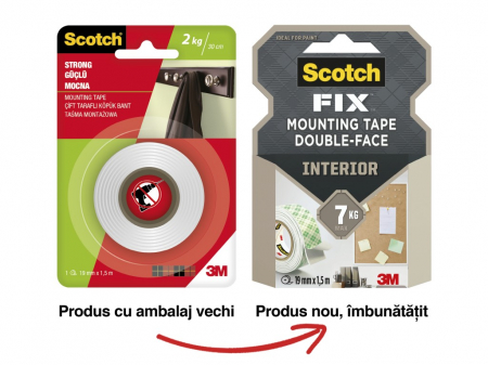 Lipici, Adezivi și Benzi adezive - Bandă dublu adezivă montare suprafețe interioare, 19 mm x 1.5 m, Scotch-Fix™