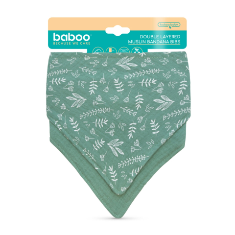 Diversificare si Ingrijire Bebe - Bandana Din Muselina Cu Strat Dublu Baboo - 2 bucati, verde, 0 luni+