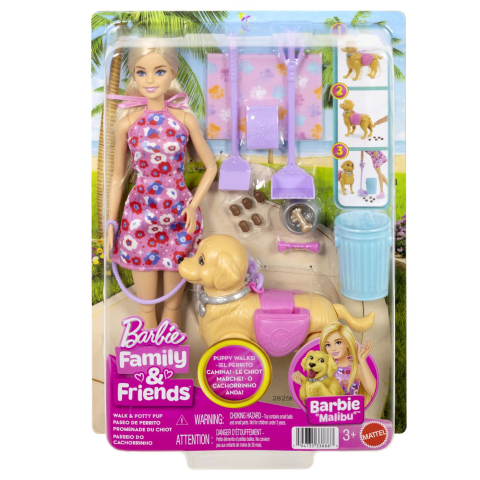 Jucării și Jocuri pentru copii - Barbie family and friends set papusa barbie malibu plimbare cu catelul