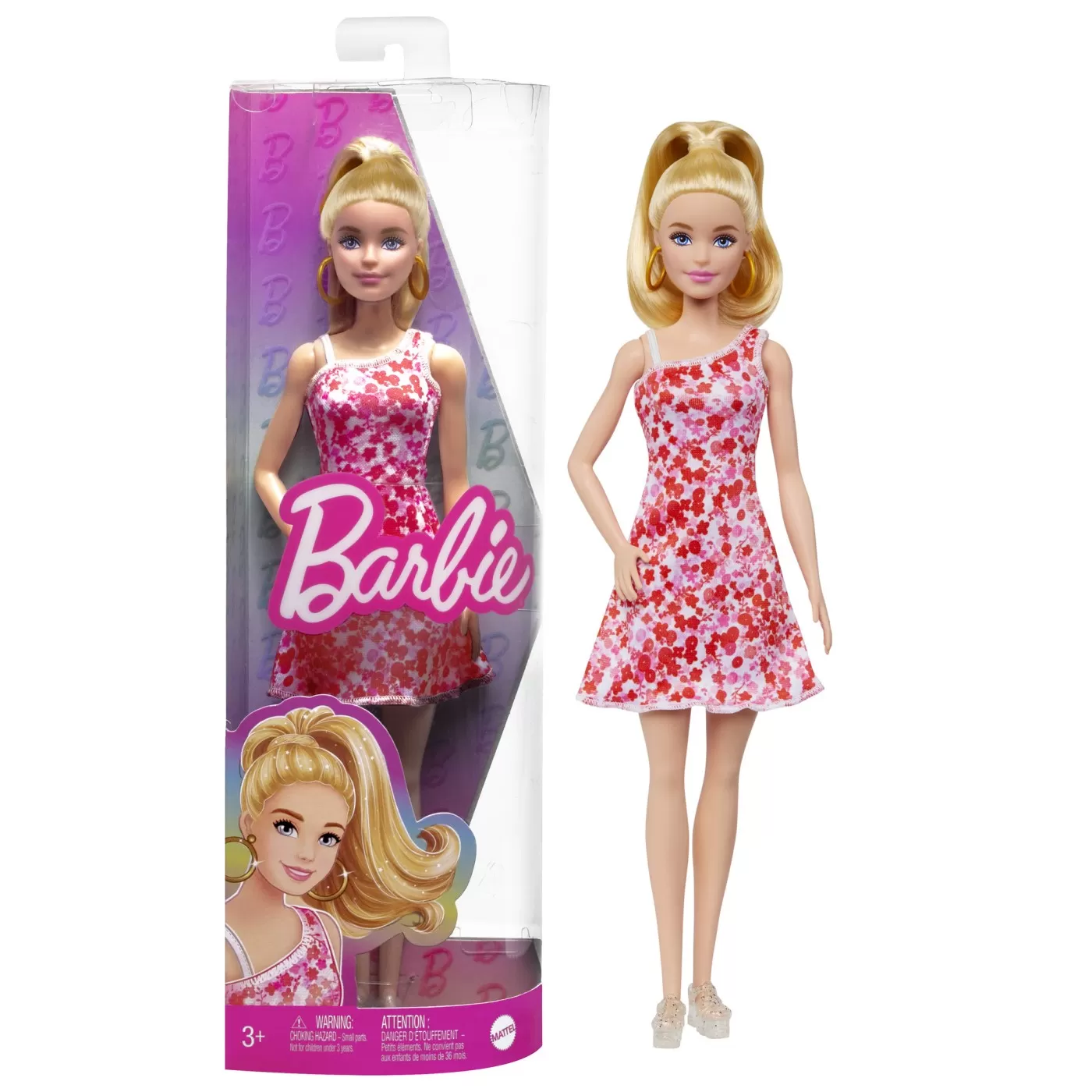 Barbie papusa barbie fashionista blonda cu parul prins in coada si rochie cu floricele, varsta de la 3 ani la 7 ani [6]