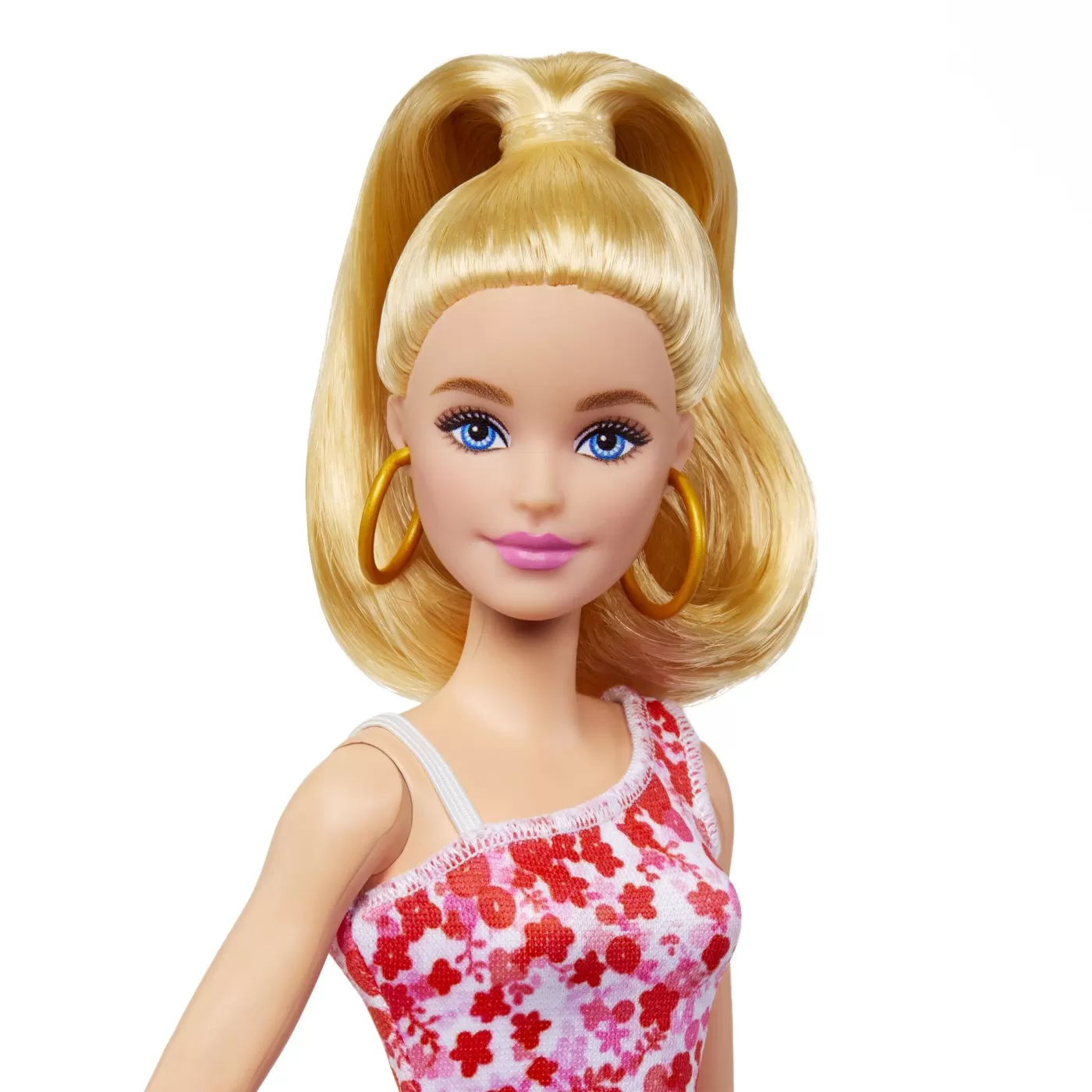 Barbie papusa barbie fashionista blonda cu parul prins in coada si rochie cu floricele, varsta de la 3 ani la 7 ani [1]