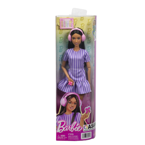 Îmbrăcăminte și accesorii - Barbie papusa barbie fashionistas bruneta cu rochie mov dungata cu autism copii 3 ani - 7 ani