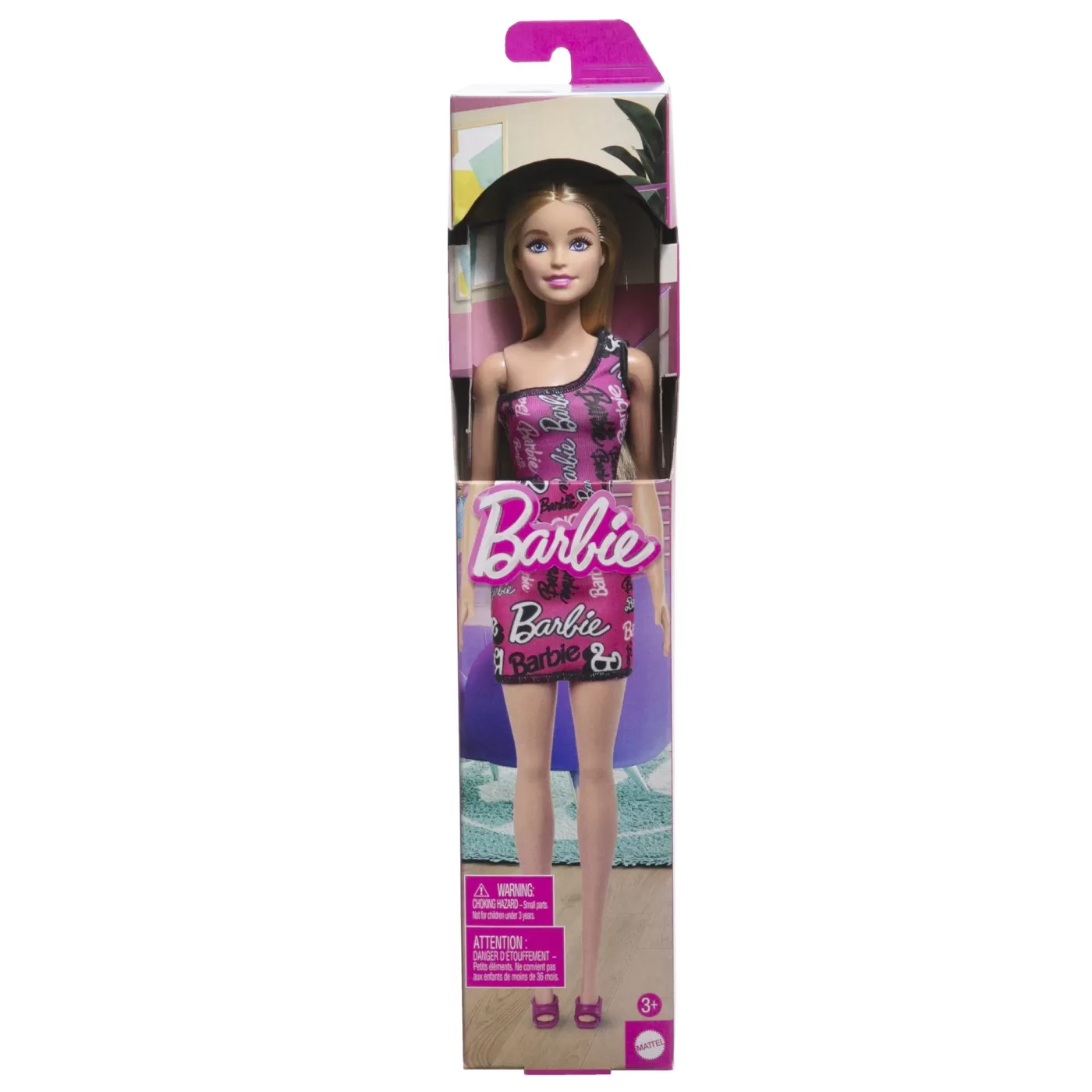 Jocuri de rol - Barbie papusa clasica blonda cu rochita roz cu imprimeu barbie, varsta de la 3 ani la 12 ani