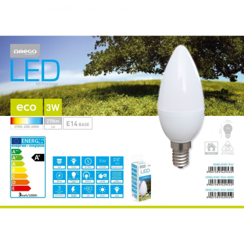 Bec economic cu led, lumanare 3.2Watt Omega Candle E14 OMELE14C-3W-6000, 270 lumeni, 42955, 6000K alb [2]