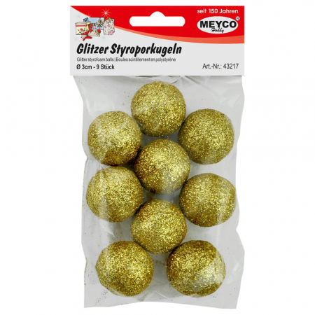 Art & Craft si Artizanat - Bile din polistiren cu sclipici auriu, 9 buc