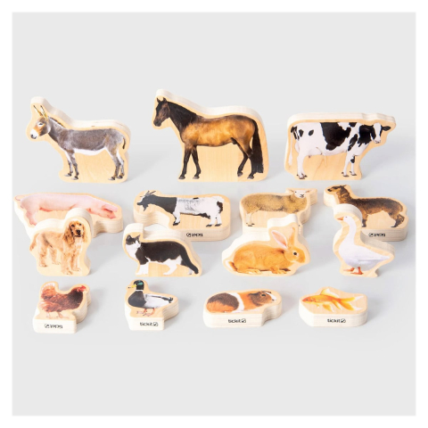 Jucării și Jocuri pentru copii - Blocuri din lemn cu animale domestice, 15 piese, copii varsta 1-7 ani