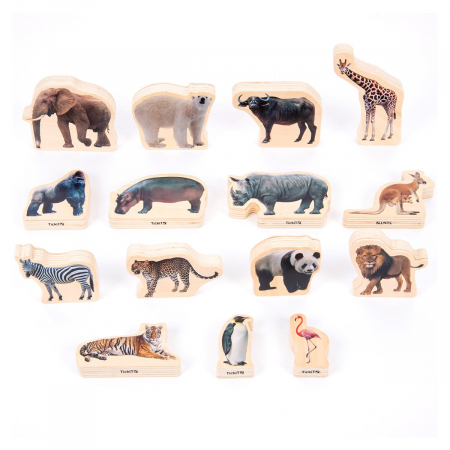 Jucării și Jocuri pentru copii - Blocuri din lemn cu Animale salbatice, 15 piese, TickiT, 1-7 ani