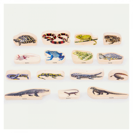 Jucării și Jocuri pentru copii - Blocuri din lemn cu Reptile si Amfibieni, 15 piese, TickiT, 1-7 ani