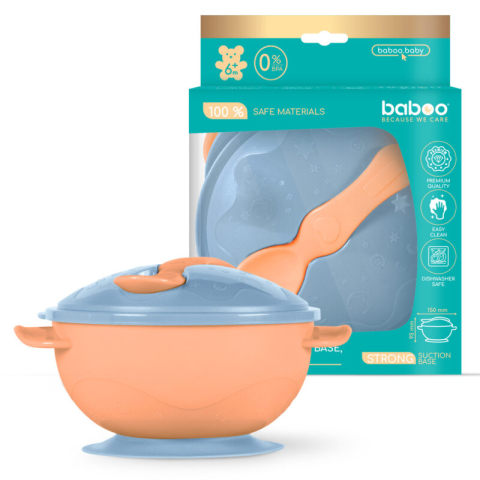 Diversificare si Ingrijire Bebe - Bol Portocaliu Cu Ventuza, Capac Si Lingurita Baboo 6 luni+