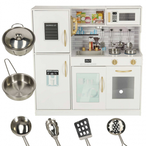 Jucării și Jocuri pentru copii - Bucatarie Copii din Lemn cu Frigider, Alb, Design Deluxe - Micostore.ro
