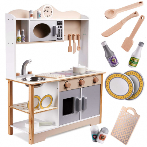Jucării și Jocuri pentru copii - Bucatarie Copii din Lemn, cu Accesorii Incluse, 85 cm - Micostore.ro