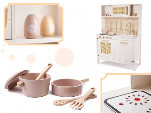 Bucatarie copii, din lemn, model Retro, 100 cm inaltime, Efecte luminoase si Sonore, Calitate Superioara, Include Plita cu Doua Arzatoare, Cuptor, Chiuveta, Cuptor cu Microunde si Accesorii [1]