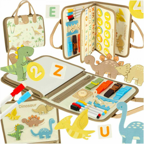 Jucării și Jocuri pentru copii - Busy Board Montessori cu Activitati si Dinozauri, Jucarie Senzoriala Portabila, 3 ani+