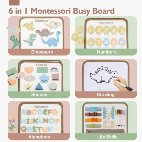 Busy Board Montessori cu Activitati si Dinozauri, Jucarie Senzoriala Portabila, 3 ani+ [1]