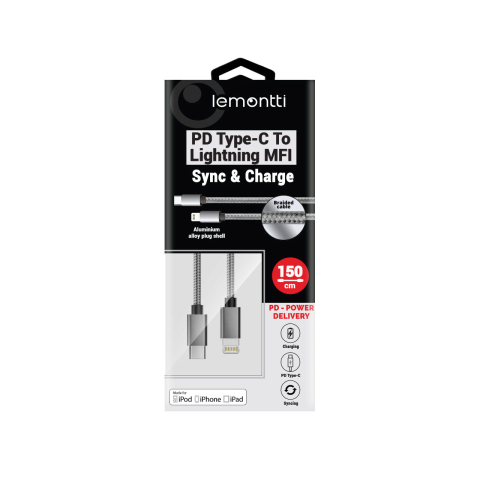 Cablu MFI Lightning la Type-C Lemontti Quick Charge 1.5m, Gri [4]