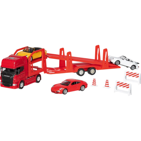 Mașini, trenulețe, vehicule - Camion die-cast transportor de masini Scania V8, scara 1 la 60-64, lungime 29 cm