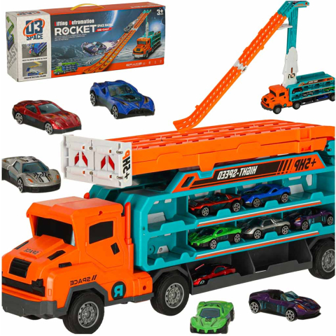 Jucării și Jocuri pentru copii - Camion Port-Masini Transformabil in Pista de Curse 2 in 1, Portocaliu cu Albastru, 6 Masinute si Abtibilduri Included, 3 ani+
