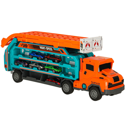 Camion Port-Masini Transformabil in Pista de Curse 2 in 1, Portocaliu cu Albastru, 6 Masinute si Abtibilduri Included, 3 ani+ [2]