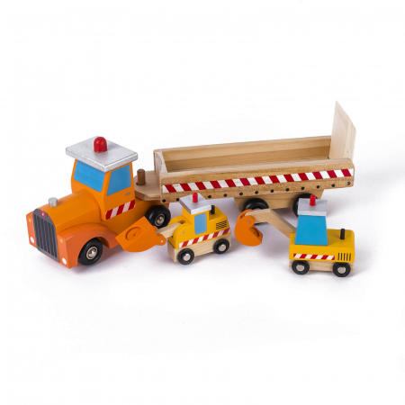 Jucarie baieti Camion transportator din lemn cu vehicule constructii. [0]