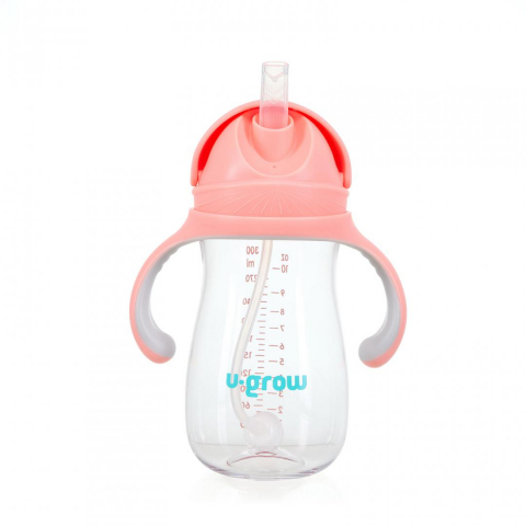 Cani, pahare bebe - Cana cu pai tritan, roz, 300ml, u-grow
