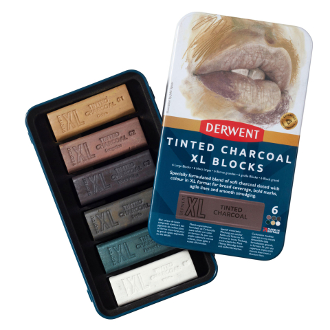 Carbune xl solubil nuante pamantii cutie metal 6/set inktense derwent [2]